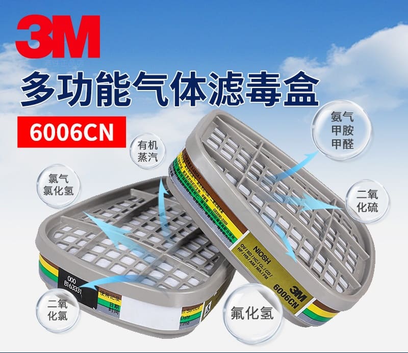 3M 6006CN 滤毒盒 （有机蒸气、氯气、二氧化氯、氯化氢、二氧化硫、氟化氢、 硫化氢、氨气、甲胺、甲醛）